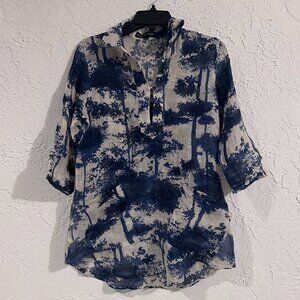 Gare de Lyon 100% Linen Shirt–Navy Nature Print–Lightweight & Effortless Style